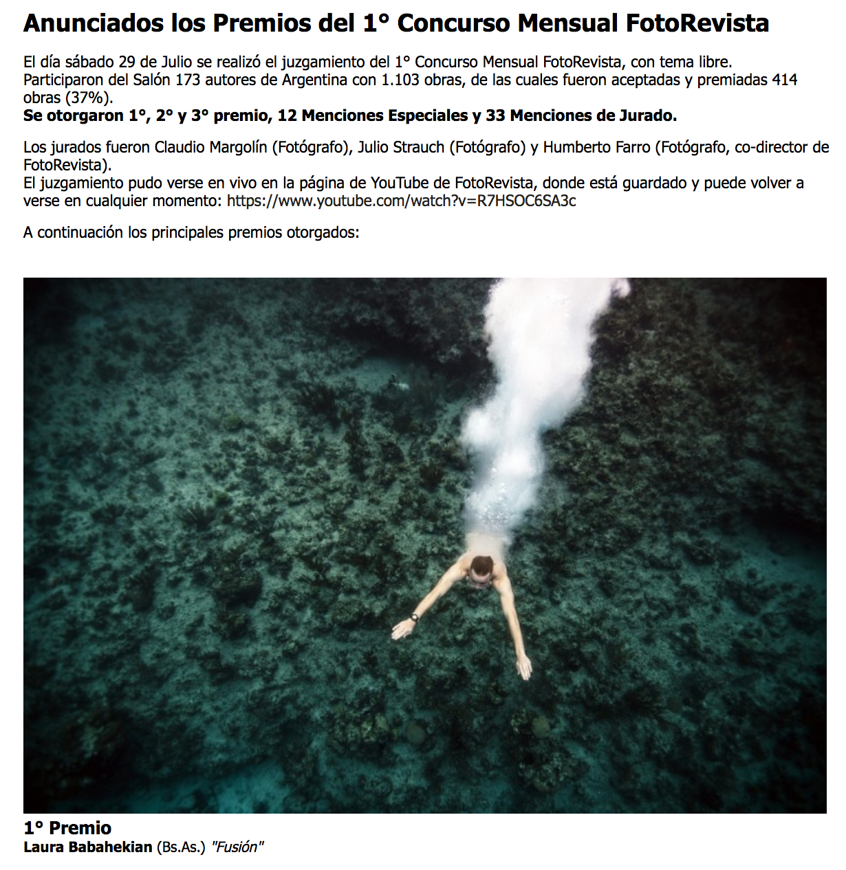 Fusi&oacute;n, foto ganadora del primer premio de FotoRevista, un apneista buceando entre burbujas